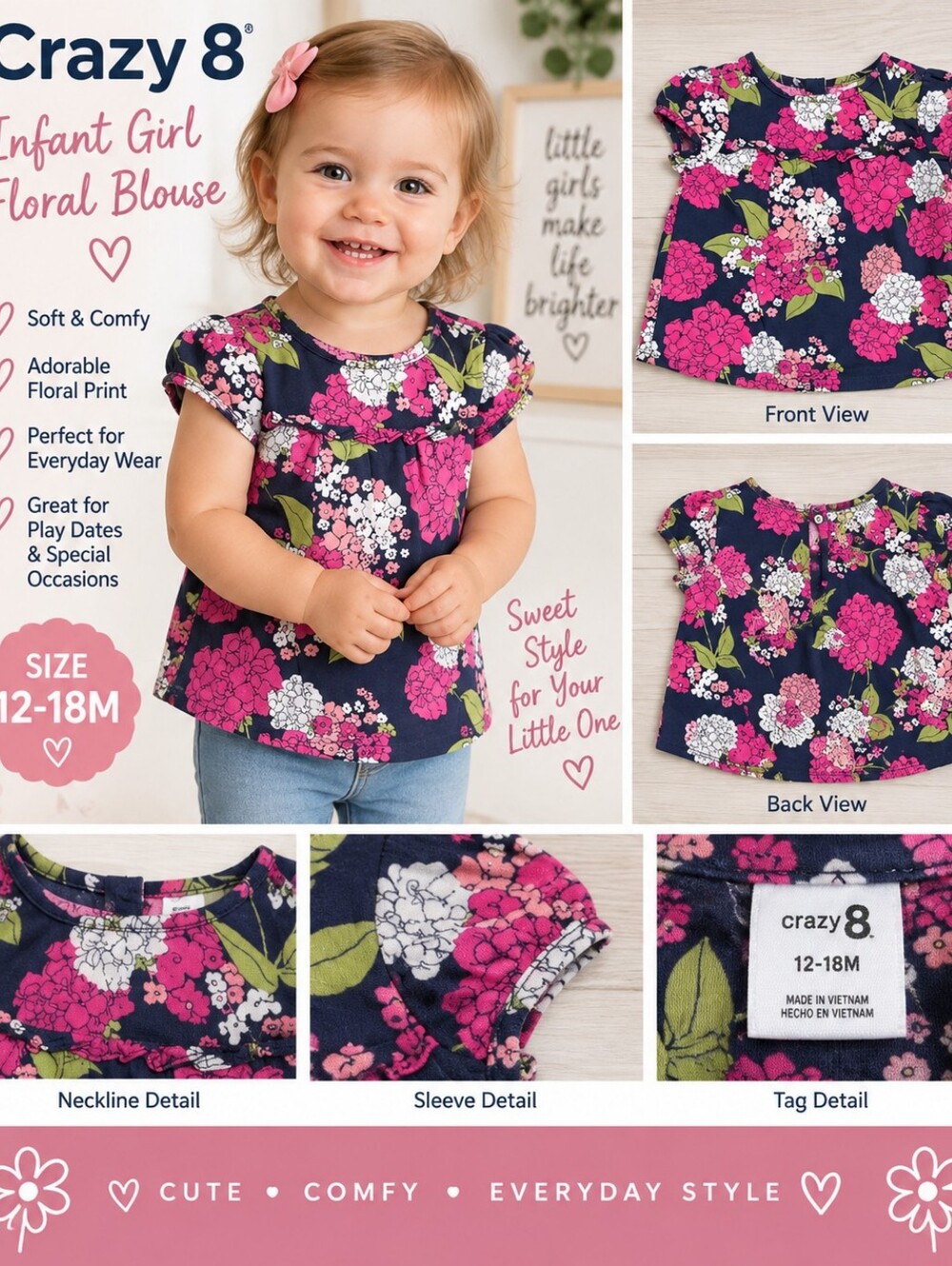 Crazy 8 infant girl 12-18m pink floral blouse #29